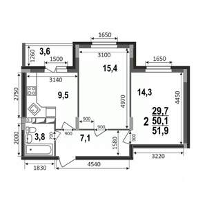 2-к квартира, строящийся дом, 52м2, 1/17 этаж