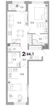 2-к квартира, строящийся дом, 66м2, 2/17 этаж