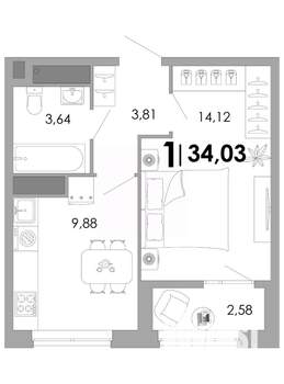 1-к квартира, вторичка, 34м2, 3/17 этаж