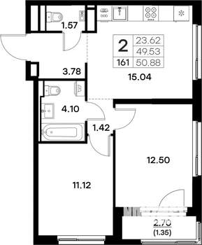 2-к квартира, вторичка, 51м2, 15/17 этаж