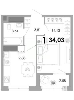 1-к квартира, вторичка, 34м2, 3/17 этаж