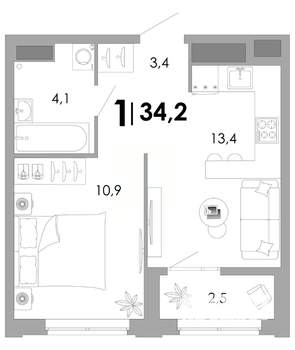 1-к квартира, строящийся дом, 34м2, 14/17 этаж
