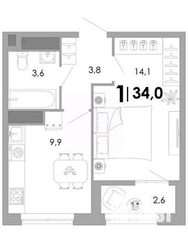 1-к квартира, вторичка, 34м2, 14/17 этаж
