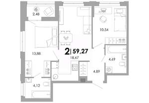2-к квартира, вторичка, 59м2, 2/17 этаж