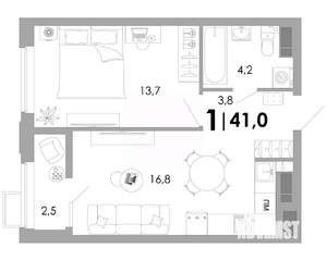 1-к квартира, вторичка, 41м2, 3/16 этаж