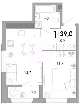 1-к квартира, вторичка, 39м2, 2/17 этаж