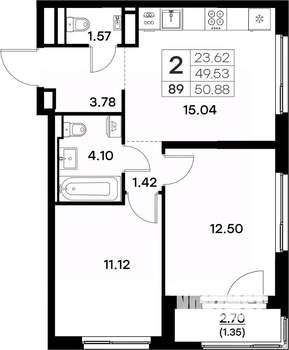 2-к квартира, вторичка, 51м2, 9/17 этаж