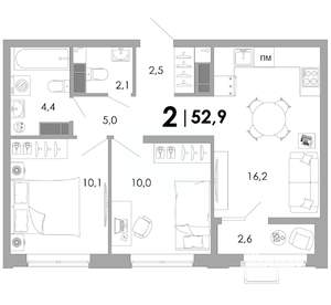 2-к квартира, вторичка, 53м2, 3/16 этаж