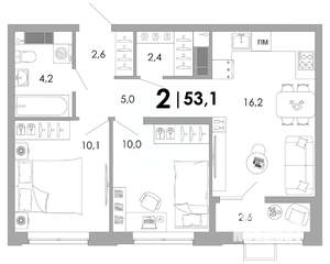 2-к квартира, вторичка, 53м2, 3/16 этаж