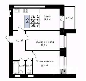 2-к квартира, вторичка, 59м2, 2/14 этаж
