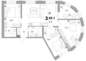 3-к квартира, строящийся дом, 89м2, 2/17 этаж