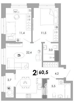 2-к квартира, вторичка, 61м2, 16/17 этаж
