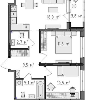 2-к квартира, вторичка, 59м2, 1/9 этаж