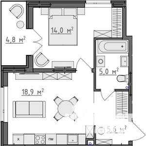 1-к квартира, вторичка, 46м2, 1/9 этаж