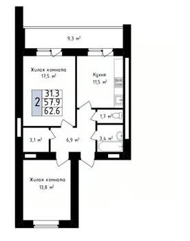 2-к квартира, вторичка, 63м2, 14/14 этаж