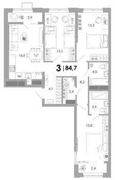 3-к квартира, вторичка, 85м2, 12/16 этаж