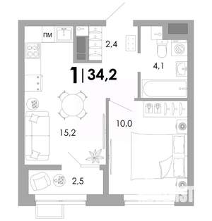 1-к квартира, вторичка, 34м2, 2/16 этаж