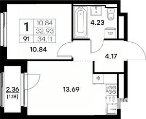 1-к квартира, вторичка, 34м2, 9/17 этаж