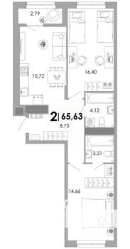 2-к квартира, вторичка, 66м2, 16/17 этаж