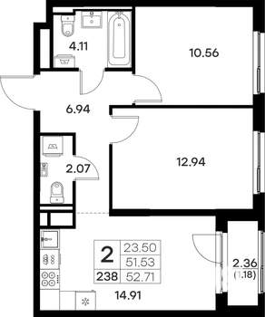 2-к квартира, вторичка, 53м2, 5/17 этаж
