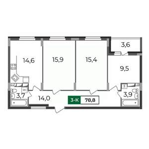 3-к квартира, строящийся дом, 79м2, 16/17 этаж