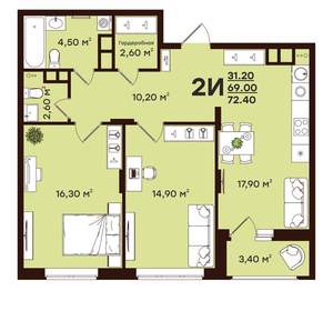 2-к квартира, вторичка, 72м2, 2/17 этаж