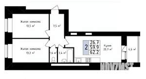 2-к квартира, строящийся дом, 62м2, 2/14 этаж